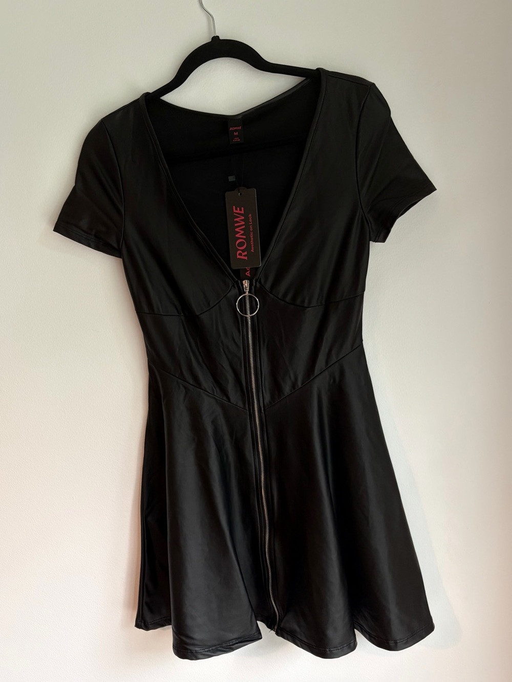 ROMWE Black Faux Leather Zip-Front Mini Dress